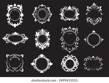 Elegant Collection of Twelve Vintage Frames Floral with Intricate Designs on Black Background for Creative Projects