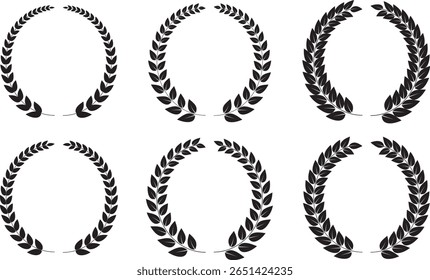 Elegante coleção de coroas de louros vetoriais em estilos preto e verde — perfeito para certificados, distintivos, gráficos de prêmios, temas históricos e decorações cerimoniais.