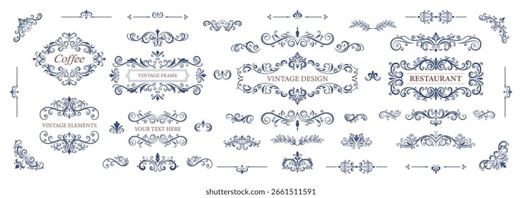 Elegante colección de Elementos de diseño vintage que incluyen florituras, bordes y marcos ornamentados, perfectos para menús, invitaciones o marcas. Ilustración vectorial.
