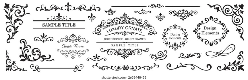 Elegant collection of vintage frames, borders, corners, and swirls. Perfect for wedding invitations, greeting cards, menus, certificates, luxury packaging, logos, labels, and retro design.