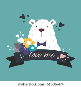 Elegant color illustration with bear, hearts and flowers