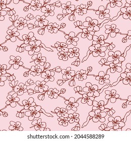 Elegante patrón de color con sakura dibujado a mano para papel de pared, papel envolvente, fondo, impresión, tela, tarjetas de felicitación. Dibujo de tinta de líneas. Ilustración vectorial.
