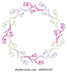 Elegant color round frame with bluebells. Design element for advertisements, flyer, web, wedding and other invitations or greeting cards.Vector clip art.