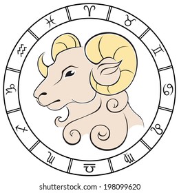 Elegant colored Aries zodiac sign in the frame. Vector Illustration