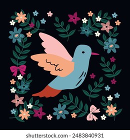 Elegant colored bird with plants and flowers on a black background. vector illustration