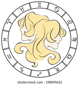 Elegant colored Gemini zodiac sign in the frame. Vector Illustration