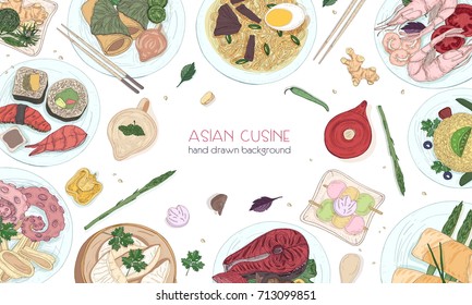 Elegant colored hand drawn background with traditional Asian food, detailed tasty meals and snacks of oriental cuisine - wok noodles, sashimi, gyoza, fish and seafood dishes. Vector illustration.