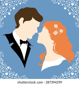 Elegant colored silhouette of the bride and groom with beautiful framed. Vector illustration.