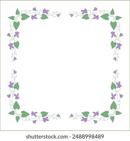 Elegant colored vegetal ornamental frame with violet flowers, decorative border, corners for greeting cards, banners, business cards, invitations, menus. Isolated vector illustration.	
