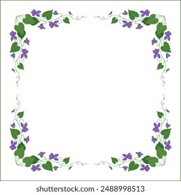 Elegant colored vegetal ornamental frame with violet flowers, decorative border, corners for greeting cards, banners, business cards, invitations, menus. Isolated vector illustration.	
