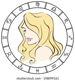 Elegant colored Virgo zodiac sign in the frame. Vector Illustration