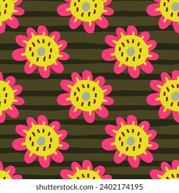 Elegant and colorful abstract flower design in a seamless pattern, ideal for fabric prints and nature-themed backdrops, capturing the essence of summer meadows.