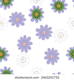 Elegant and colorful abstract flower design in a seamless pattern, ideal for fabric prints and nature-themed backdrops, capturing the essence of summer meadows.
