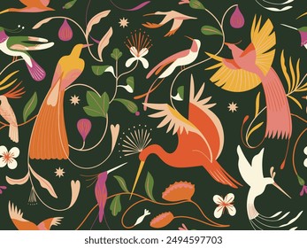 Ilustración de verano de pájaros coloridos elegantes fondo de Fondo de pantalla patrón sin fisuras repetir impresión textil Vector de la obra de arte