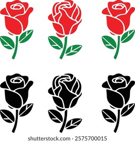 Elegant Colorful, Black and White Rose Silhouette Design Set, Perfect for Decorative Purposes. EPS-10.