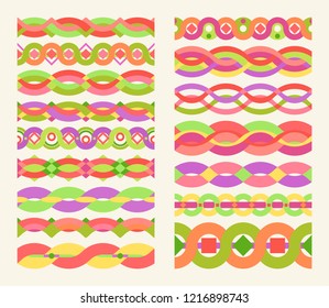 Elegant colorful borders. Set of vector seamless ornaments. Decorations for children's parties. Christmas garlands. Multicolor
