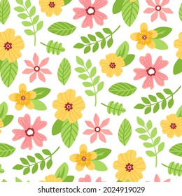 Elegant colorful flowers and leaves pattern. Hand drawn vector illustration isolated on white. Cute template for wrapping paper or textile print.