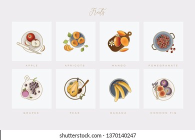 Elegant colorful fruits icon collection in flat lay setting