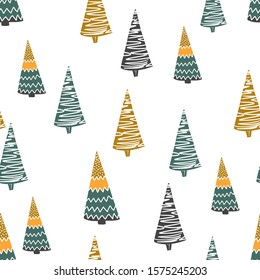 

The elegant colorful scandinavian Christmas trees seamless pattern for greeting design packing
