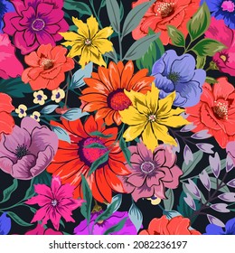 Elegant colorful seamless floral pattern on dark background.