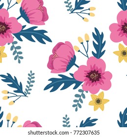 Elegant colorful seamless floral pattern with pink and yellow flowers on white background. Ditsy print. Vector illustration
