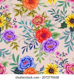 Elegant colorful seamless pattern with botanical floral design illustration.