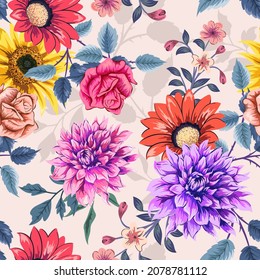 Elegant colorful seamless pattern with botanical floral design illustration.