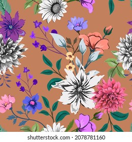 Elegant colorful seamless pattern with botanical floral design illustration.