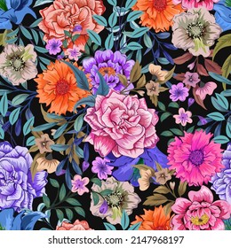Elegant colorful seamless pattern with botanical floral design illustration.