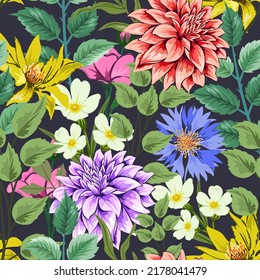 Elegant colorful seamless pattern with botanical floral design illustration.