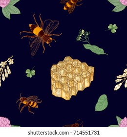 Elegant colorful seamless pattern with hand drawn bees, honeycomb, linden leaves and blooming meadow flowers on dark background. Natural vector illustration for textile print, wallpaper.