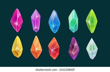Elegant Colorful Shiny Gems And Magic Crystals. Gemstone Collection, Precious Gem Icons Set. Vector Ruby, Saphire, Emerald, Diamond Crystal Set.