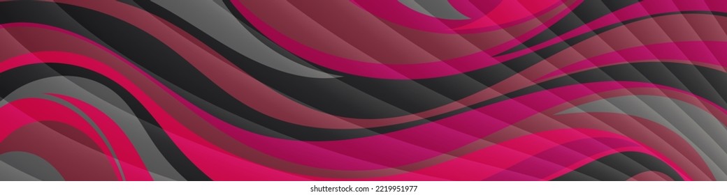 Elegant colorful striped banner. Smooth translucent stripes against a surface of overlapping burgundy, scarlet, gray, black wavy shapes. Template for your projects. Vector.