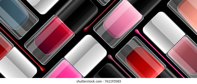 Elegant colorful vector nail laquer background. Ad cosmetic banner with nail polish glass bottle collection. Make up template.