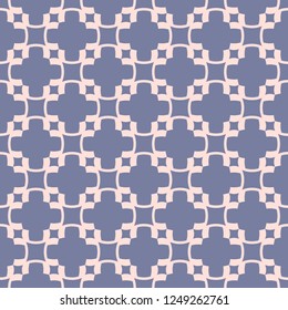 Elegant colorful vector seamless pattern. Cute abstract minimal geometric texture with curved shapes, floral silhouettes, grid, net. Soft blue and light pink colored background. Repeatable design