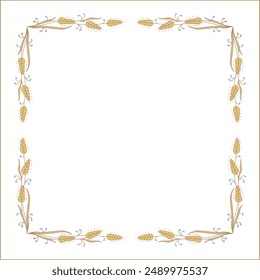 Elegant colorful vegetal ornamental frame with wheat spikelet, decorative border, corners for greeting cards, banners, business cards, invitations, menus. Isolated vector illustration.	