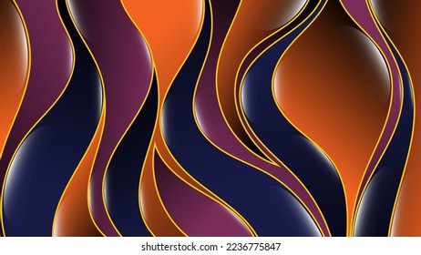 Elegant colorful wallpaper in orange-purple tones. A beautiful surface of shiny wavy shapes with a yellow stroke. Template for your projects. Vector.