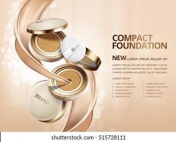 Elegant compact foundation ads, 3d illustration foundation product with its texture flowing through it