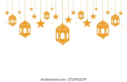 An elegant composition featuring multiple orange lanterns and stars suspended from strings against a clean white backdrop, creating a festive and serene atmosphere with intricate lantern details.