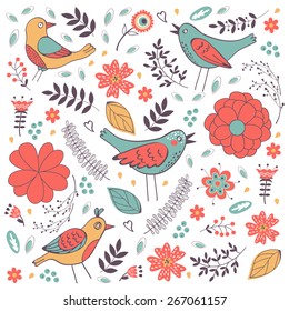 Elegant composition with flowers and birds in vector format