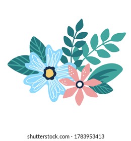 Elegant composition of vector flowers. Colorful herbarium of cute flowers and leaves. Composition for postcards or invitations. 