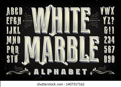 Elegant condensed alphabet with 3d effects of letters carved from white marble