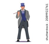 Elegant Confident Man of Nineteenth Century Smoking Mouthpiece. English Gentleman in Frock Coat, Monocle Eyeglass and Top Hat Isolated on White Background. Cartoon Vector Illustration.
