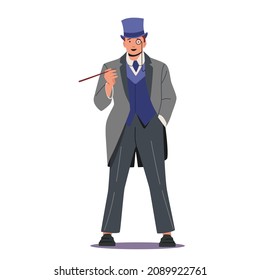 Elegant Confident Man of Nineteenth Century Smoking Mouthpiece. English Gentleman in Frock Coat, Monocle Eyeglass and Top Hat Isolated on White Background. Cartoon Vector Illustration.