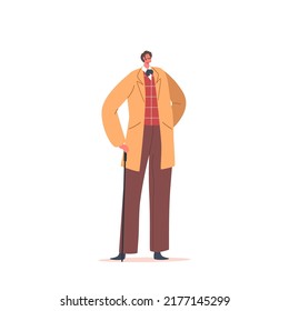 Elegant Confident Man of Nineteenth Century. English or French Gentleman in Frock Coat, Neck Tie, Vest and Walking Cane. Antique Fashion, Isolated on White Background. Cartoon Vector Illustration