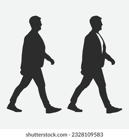 Elegant and Confident, Silhouettes of a Smiling Young Man in Jeans and Suit Walking - Full-Length Profile Shots