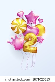 Elegant congratulations on the celebration of 2 years since the birth. Anniversary number two foil balloon for girls with stars, hearts, crown. Happy birthday, greeting poster. Vector