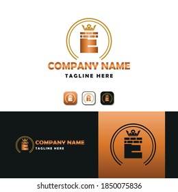 Elegante concepto de logotipo de empresa de construcción con letra E inicial, ladrillo, bloque y elemento de corona. 