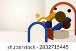 Elegant constructivist shapes and spheres create an artistic gallery shop atmosphere. Mustard, Cobalt and Terracotta color theme.