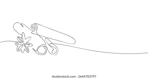Elegant continuous line art of cinnamon sticks with star anise, ideal for spice, culinary, or aromatic ingredient concepts.
